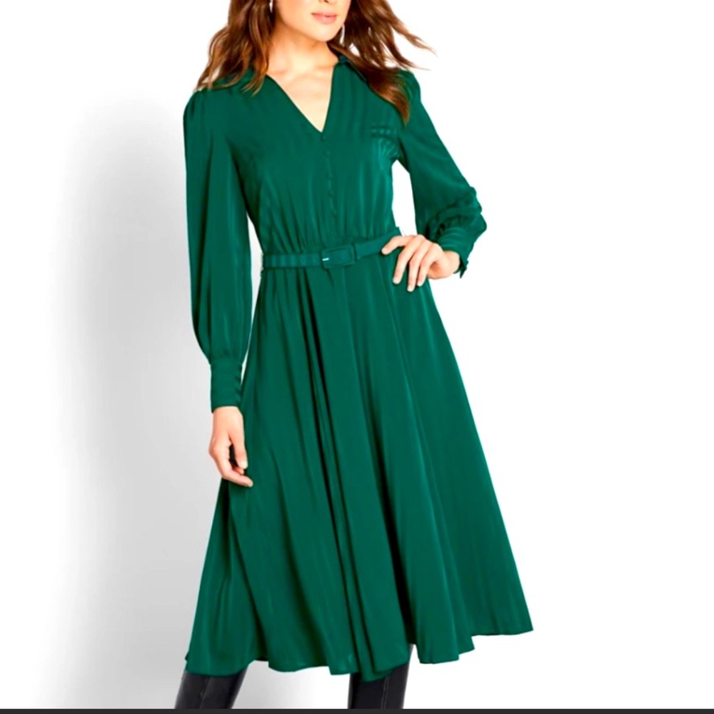 ModCloth A-Line Classy Announcement Tea Length Long Sleeve Modest Emerald Dress